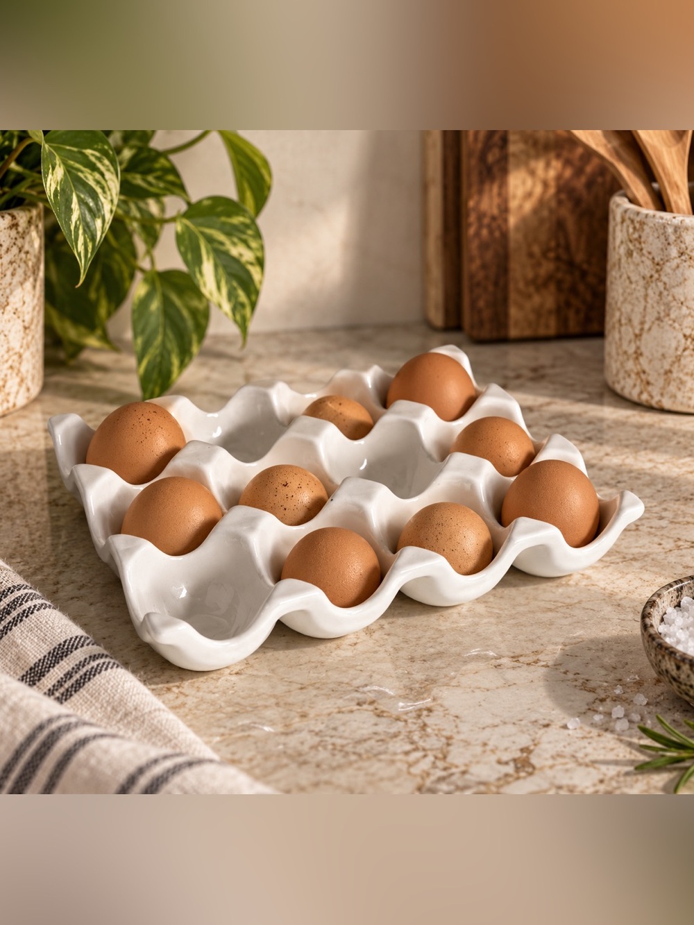 White Ceramic Wavy Egg Holder Tray Farmhouse Kitchen Decor